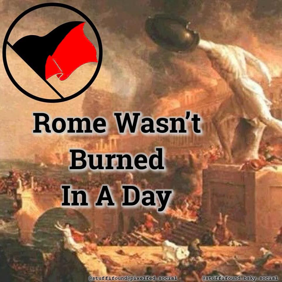 Painting of the fall of the Roman empire, captioned 'Rome wasn't burned in one day'